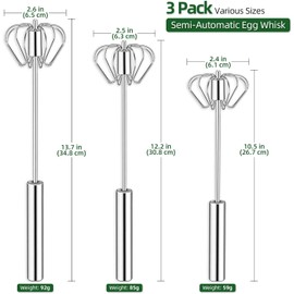 Slzhds Batidora Semiautomática de Acero Inoxidable, Batidora de Huevos con Manivela, Batidor Semiautomático de Acero Inoxidable, Batidora Giratoria de Mano, Ideal para Cocina,Horneado Y Pastel (3 Pcs)