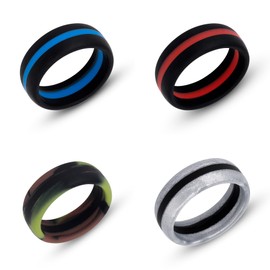 DYNOFIT Silicone Ring - Comfortable 4 Piece Set of Mens Wedding Band - Durable, Flexible Rings for Men - Perfect for Active Men, Blue Collar Workers, First Responders (12)