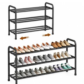 3-Tier Expandable Shoe Rack, 17"-41" Adjustable Shoe Shelf Storage Organizer, Heavy Duty Metal Free Standing Shoe Rack for Entryway Closet Doorway, Suitable for Families & Renters