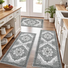 Tritard 100% Non Slip Kitchen Rugs Sets of 3 Washable Boho Kitchen Mats for Floor Vintage Farmhouse Kitchen Rug Soft Runner Rug for Hallway, Laundry Room, Indoor Entryway, Grey2