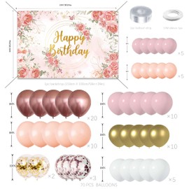 Rose Gold Birthday Decorations for Women,Balloon Garland Kit, Pastel Nude Pink Metallic Matte White Balloons with Gold RoseGold Confetti for Princess Girl Party