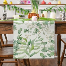 Hierein Modern Table Runner, Green Eucalyptus Autumn Table Runner, Exquisite Table Runner Green for Party, Birthday, Wedding, Indoor, Outdoor, 33 x 180 cm, Seasonal Table Decoration, Autumn Decoration