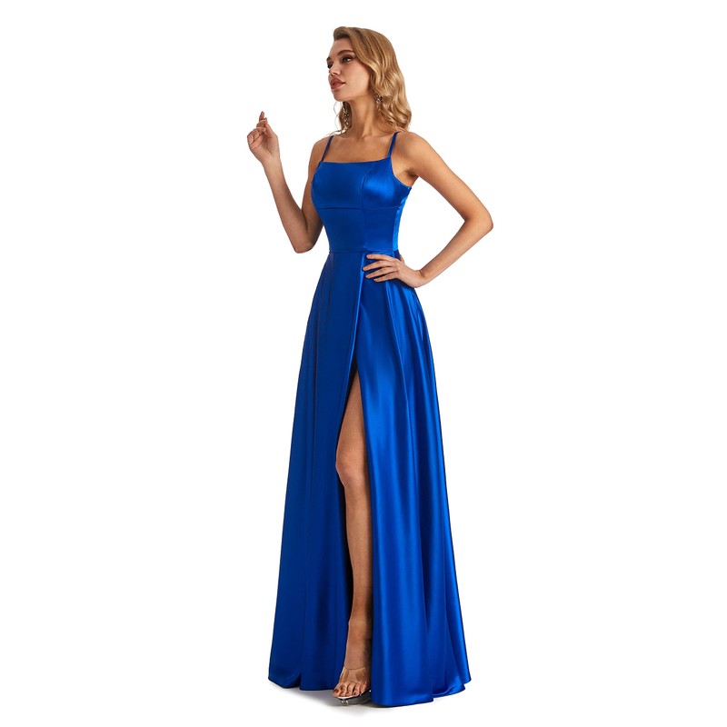 Lecureler Lecureler Satin Spaghetti Strap Prom Dress Navy Blue Size