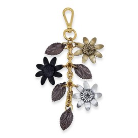 Jomo Joy Leather Flowers Keychain Purse Tassels, Gold, Silver and Black Daisies, 6½" Long, Gold/Silver/Black, 6.5 Inches