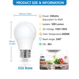 EvaStary A15 LED Light Bulb, Refrigerator Light Bulb, 5W Equivalent 40Watt, 5000K Daylight White,Bright Lighting, 120V, 500Lumens, Non-Dimmable, Indoor and Outdoor, 4 Pack