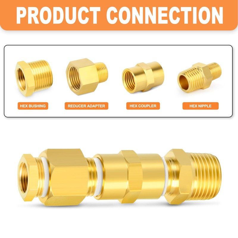 GASHER 6PCS Brass Pipe Fitting, Hex Bushing, Reducer Adapter, Reducing