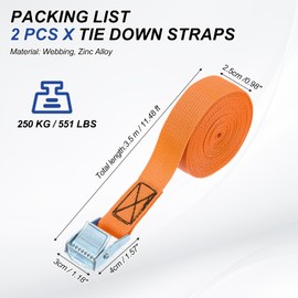 PATIKIL 1" x 12ft Lashing Strap with Buckles, 2 Pcs Cam Buckle Tie Down Straps Adjustable Heavy Duty Secure Cinch Straps Up to 551 lbs for Cargo Kayak Bicycles, Orange