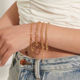 Yheakne Boho Rope Bracelet Layered Paperclip Chain Bracelet Gold Chunky Stacking Bracelet Vintage Curb Chain Bracelet Hand Chain Jewelry for Women and Girls 4Pcs (4Layer)
