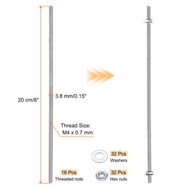 sourcing map 16pcs 8/32 Inch M4 Threaded Rods with 32pcs Hex Nuts and Washers 8 Inch 201 Stainless Steel Full Threads Right-Hand Thread for Hangers, U-Bolts, Beaded Garden Stake Rods, Silver