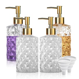 Crystal Glass Soap Dispenser, 330ml/12oz. Clear Glass Lotion Soap Dispenser with Gold Pump, Crystal Design Reusable Hand Soap Dispenser for Kitchen Dish Soap, Shower Gel, Shampoo(4 Pack)