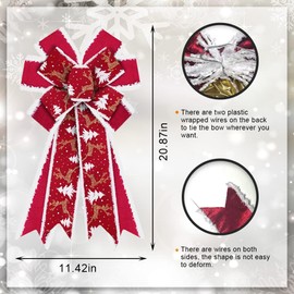 Hying Large Christmas Bows for Wreath, Red Velvet Wreath Bows for Xmas Décor Glitter Christmas Tree Winter Red Bow for Front Door Indoor Outdoor Wall Tree Topper Decoration Supplies Christmas Ornament