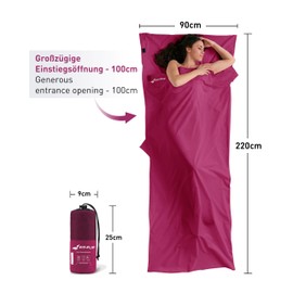 Fit-Flip Cotton Sleeping Bag – Ultralight Sleeping Bag Inner 325 g – Thin Travel Sleeping Bag – Compact, Small & Silky Soft – Sleeping Bag with Pillow Compartment – Colour: Fuchsia
