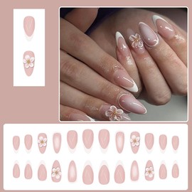 Summer Press on Nails Medium Almond,YIHONGYAN Nude 3D Fake Nails with Embossed Flower French Tip Design Glue on Nails Full Cover False Nails Stick on Women Nails Reusable Acrylic Nail Set 24 Pcs