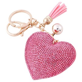 Soleebee Glitter Love Heart Keychain Premium SS6 Crystal Tassel Key Chain Leather Bag Charm for Women Girls (Hot Pink)