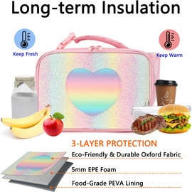 GYEUKHAM Insulated Lunch Box for School, Thermal Reusable Durable Freezable Lunch Bags for Kids Boys Girls Men Women - Small Soft Cooler Portable Lunch Tote Kit for Work Picnic Travel,Rainbow Glitter