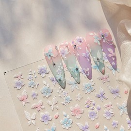 LIFOOST 5D Embossed Flower Nail Art Stickers Embroidery Pink Flower Nail Stickers with Butterfly Design Self-Adhesive Blue Floral Nail Decals for Spring Summer Manicure