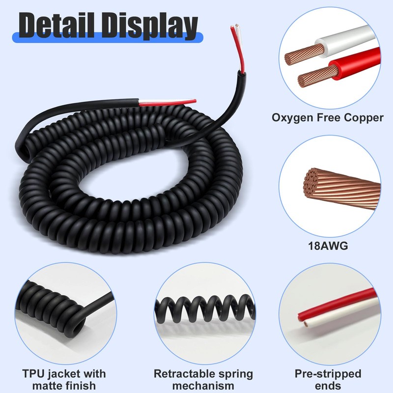Coil Cord, 2 Conductor Wire, 18AWG/2, Retractable Spring Coiled Extension
