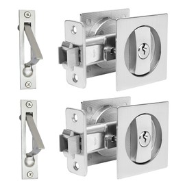 Dontay 2 Pack Pocket Door Lock with Key, Contemporary Entrance Sliding Barn Door Lock Latch, Recessed 2 Sided, 2 3/8" Backset, Flush Handles Hardware (Including Edge Pull, Brushed Nickel, Square)