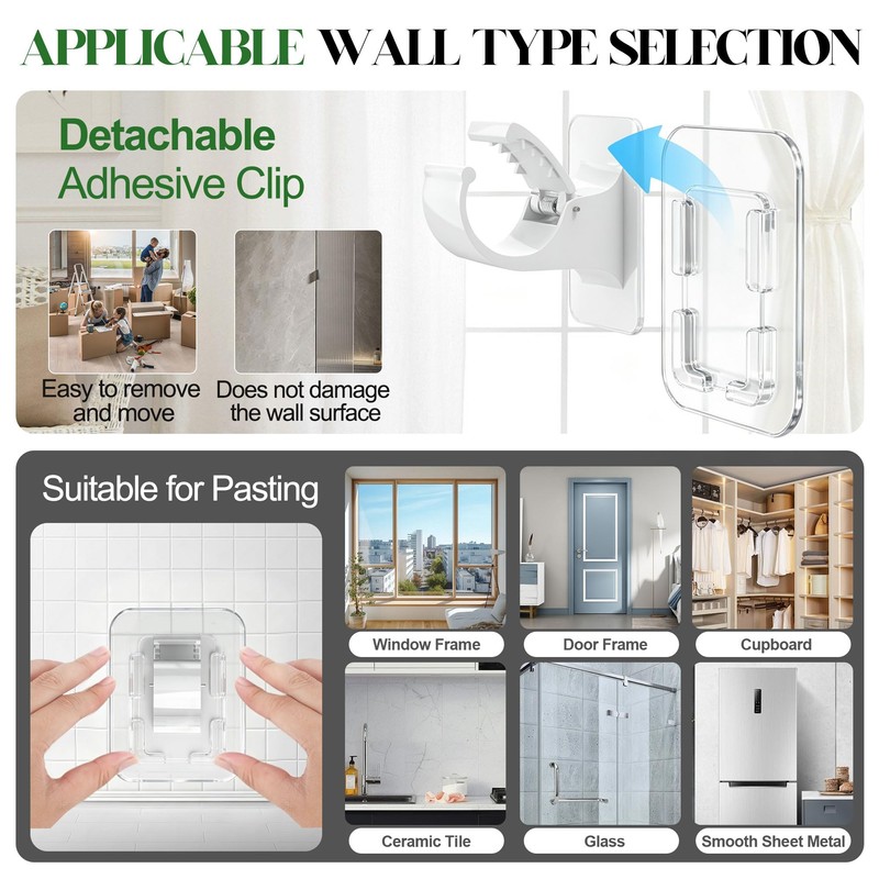 Detachable Adhesive Curtain Rod Holder-20LB, No Drill Curtain Rod Brackets