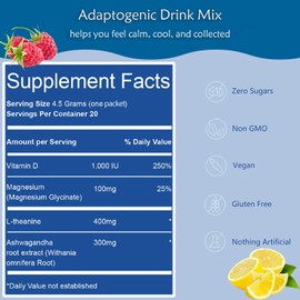 Adaptogenic Powder Drink Mix Powder, Calm Drink Mix, Magnesium Glycinate,Ksm-66 Ashwagandha,Vitamin D3, Raspberry Lemonade, Supplements for Relaxation Sleep&Focus, No Sugar, Non-GMO, 3.2 oz, 20 Srvgs