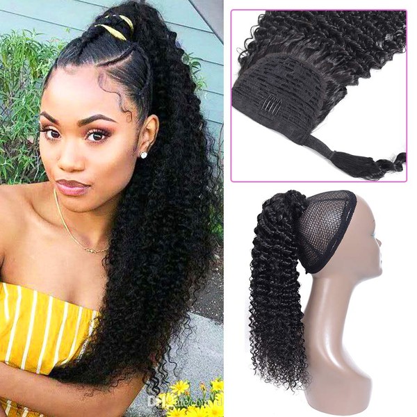 Curly Human Hair Strap Ponytail Extensions, 100% Unprocessed Brazilian Hair Wrap Around Ponytails, Magic Paste with Comb Clip in Kinky Curly Pony Tail (16", Curly Hair)