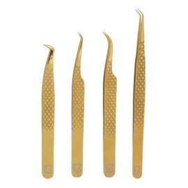 M LASH Set Of 4 Diamond Grip Precision Eyelash Extensions Tweezers - Japanese Steel - 90 Degree, Volume Boot, Curve Lash Supply (Gold)