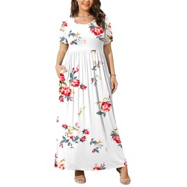 BISHUIGE Plus Size Maxi Dresses for Women Summer Casual Short Sleeve Long Dress with Pockets XL-6XL XX-Large, Floral White