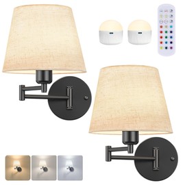 Battery Operated Wall Sconces Set of Two, Wireless Swing Arm Wall Lights with 10000mAh RGB Rechargeable Bulb and Remote Control, Sconces Wall Decor for Bedroom Living Room