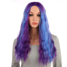 Onedor Long Curly Multi-Color Colorful Hair Full Wigs - Charming Party Wig (Blue and Purple Highlights)