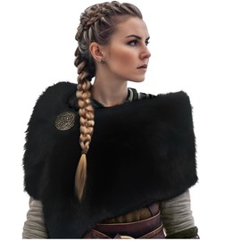 L'VOW Viking Faux Fur Shawl and Wrap for Women Fur Stole with Medieval Brooch Fur Collar for LARP GoT Warrior Cosplay Costume(Black)