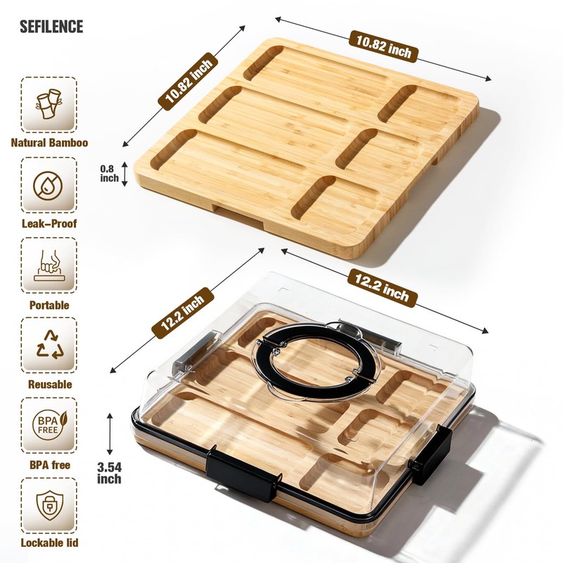 Charcuterie Board with Clear Locking Lid and Handle, 6 Compartment