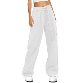 HVEPUO Womens High Waist Cargo Pants Y2K Wide Leg Cotton Baggy Hiking Pants Lightweight Elastic Waist Trousers with Pockets White L