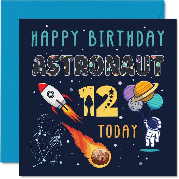 12th Birthday Card Boy - Space Astronaut Cosmos - Happy Birthday Card 12 Year Old Boy Girl, Twelve Twelfth Girls Boys Birthday Cards, 145mm x 145mm Greeting Card for Son Daughter Niece Nephew Grandson