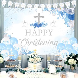Sursurprise Christening Decorations Blue for Boys, Happy Christening Backdrop, On Your Christening Day Banner, First Holy Communion Baby Shower Baptism Party Supplies