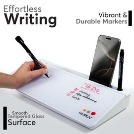 HURUC Small Glass Desktop Whiteboard with Storage,15.3"x7.08"x2.16" inch Desk White Board with Markers & Duster, Desktop Dry Erase Board, Desk Buddy Organizer for Home, Office, School (White)