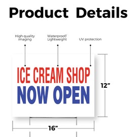 Ice Cream Shop Now Open Yard Sign 12 Inch x 16 Inch Single Sided Weatherproof Heavy-Duty Plastic with Stake | Grand Opening, Refreshing Desserts, Local Favorites | Made in USA