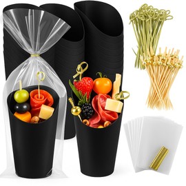 Alaskan Decor Charcuterie Cups, 12oz 50 pcs disposable paper, bamboo skewers, honey toothpick sticks, plastic bags with ties. Charcuterie board accessories. For Snack Desserts Fries Weddings Birthdays