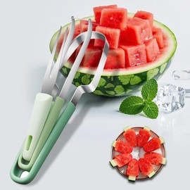 Melon Slicer, 3-in-1, Watermelon Cutter, Stainless Steel, Suitable for Family, Party, Camping (Green)