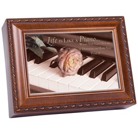 Cottage Garden Life is Like a Piano Woodgrain Rope Trim Jewelry Music Box Plays Unchained Melody
