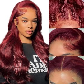 Suresen 99J Burgundy Body Wave Lace Front Wig Human Hair Pre Plucked 180% Density 13x4 HD Transparent Lace Front Wigs Human Hair with Baby Hair Wine Red Wig Real Hair Wigs(24Inch)