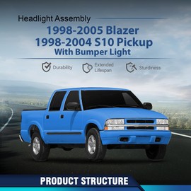 PIT66 LED DRL Headlights Assembly w/Corner Bumper Turn Signal Lights Lamps w/o Bulbs Compatible with Chevy S10 Pickup 1998-2004 Fit Chevy Blazer 1998-2005 Clear Lens Amber Reflector