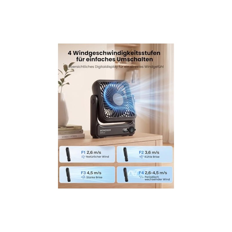 WOWDSGN Table Fan USB with Power Base & LED Display,