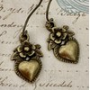 Bronze Etched Heart and Flower Charm Dangle Earrings Love Romance