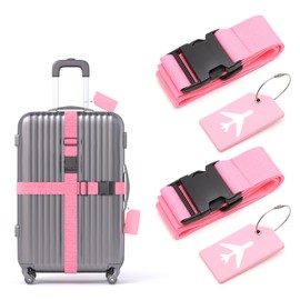 2 Pack Luggage Straps - Adjustable Belts Suitable for Suitcase 20"-34", Heavy Duty Travel Packing Straps with 2 Silicone Luggage Tags Name ID Card, Quick-Release Buckle (Pink)