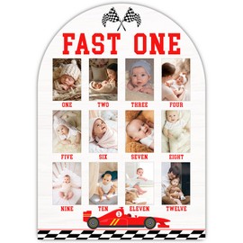 UIBOVA Fast One My First Year Photo Board, Racing Car Baby Milestone Signs for Boys Girls Nursery Decor, 12 Month Wooden Picture Board for 2x3 Photos, Best Babies Keepsake Gifts-A23