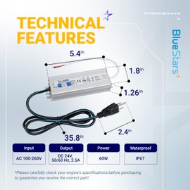 60W 24V LED Power Supply Driver 2.5A with US Standard 3-Prong Plug by BlueStars - AC 100-260V to 24V DC Constant Voltage Transformer IP67 Waterproof for LED Strip Lights Indoor & Outdoor