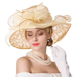 ELLYDOOR Organza Church Derby Hat Women Sparkling Leaf Wide Brim Fascinator Hats Bridal Wedding Tea Party Hat Gold