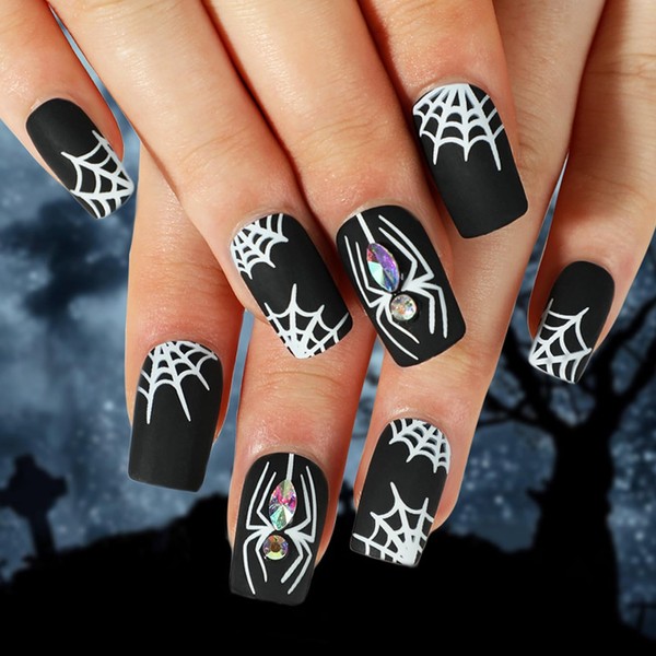 Yatinkim Short Press on Nails Halloween Black Square Fake Nails Matte White Spider Web Rhinestones Manicure Acrylic Artificial Nail for Women Gilrs 24PCS