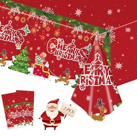 2 Pack Plastic Christmas Table Cloth Rectangular 54 x 108 inch Large Red Santa Claus Elk Car Party Table Cloth Disposable Christmas Tablecloth Xmas Table Cloth for Kids Christmas Party Table Cover
