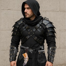 SUMGOGO 8 Pcs Mens Renaissance Costume Medieval Pirate Shawl Belt Pouch Shoulder Armor Arm Bracers Belt Sword Bag Cosplay Accessory (Black)